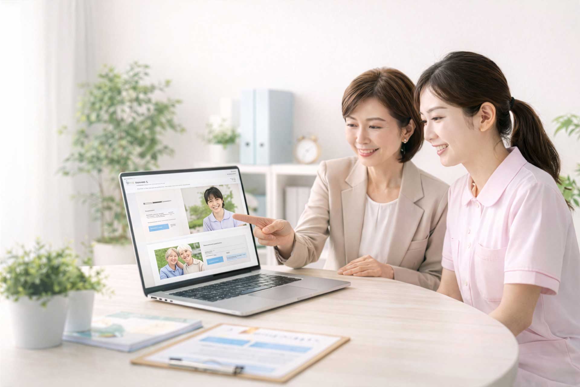 訪問介護事業所の採用Webサイトについて相談している日本人スタッフのイメージ
